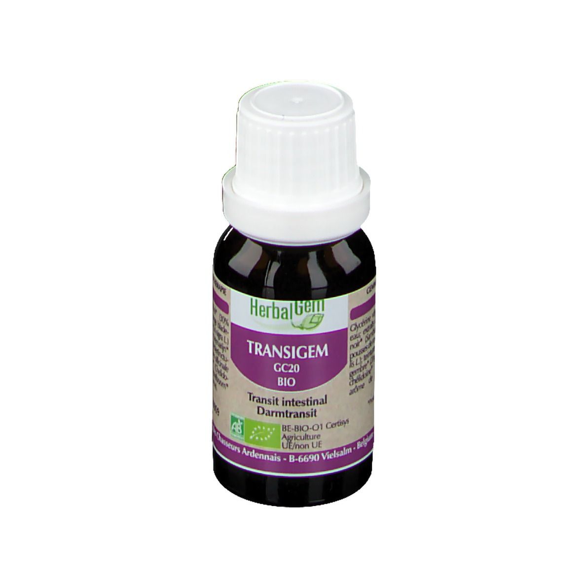 Flacon en verre brun avec bouchon blanc. Étiquette avec nom du produit, marque et label bio. Texte: Transit intestinal.