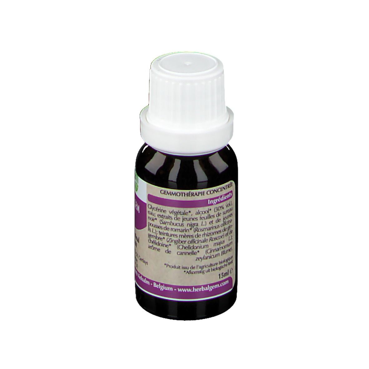 Flacon en verre brun avec bouchon blanc. Étiquette avec ingrédients et informations fabricant. 15ml.