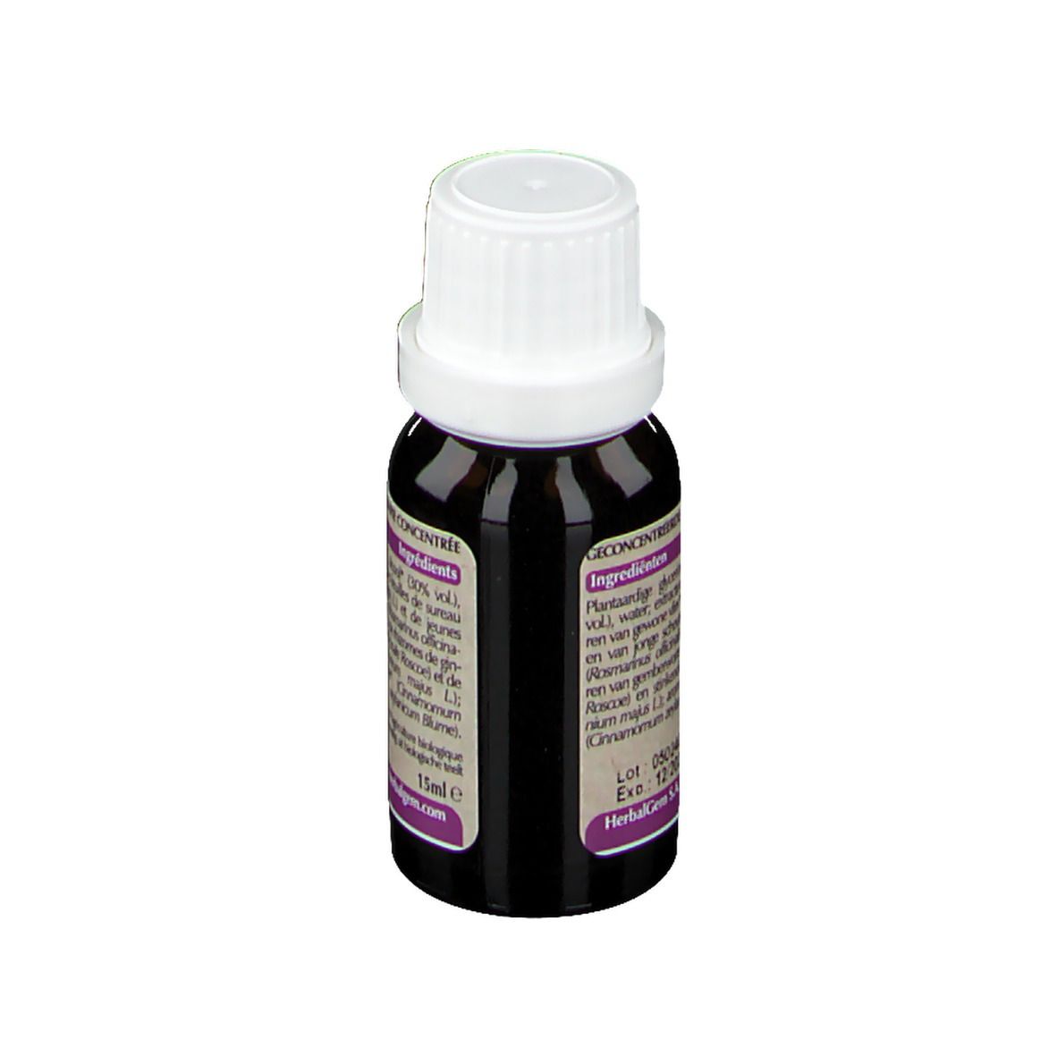Flacon en verre brun avec bouchon blanc. Étiquette avec ingrédients et informations fabricant. 15ml.
