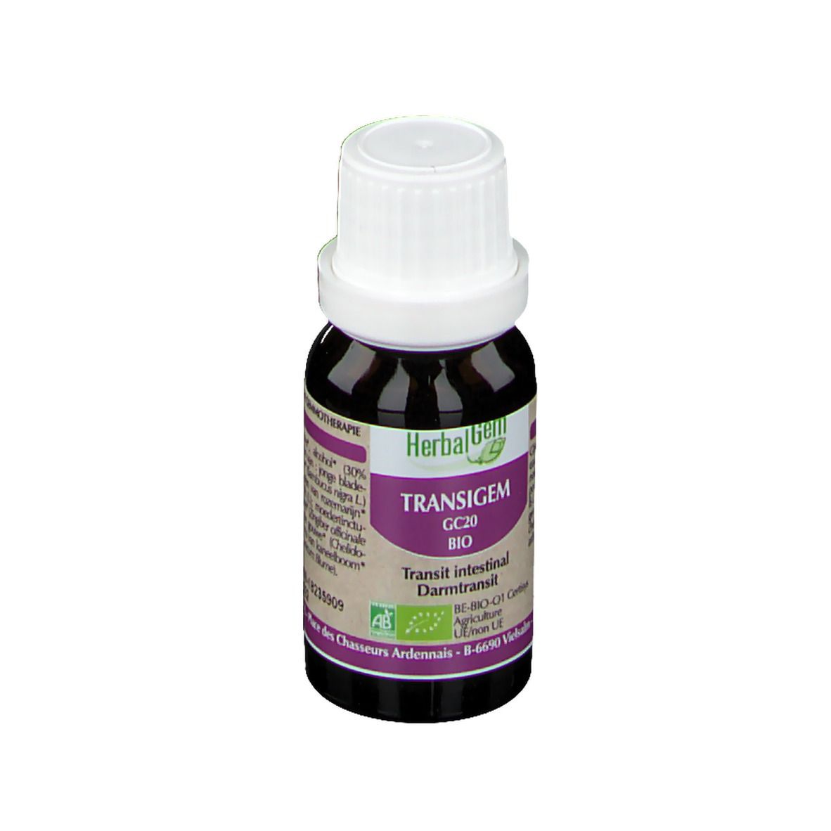 Flacon en verre brun avec bouchon blanc. Étiquette avec nom du produit, marque et label bio. Texte: Transit intestinal.