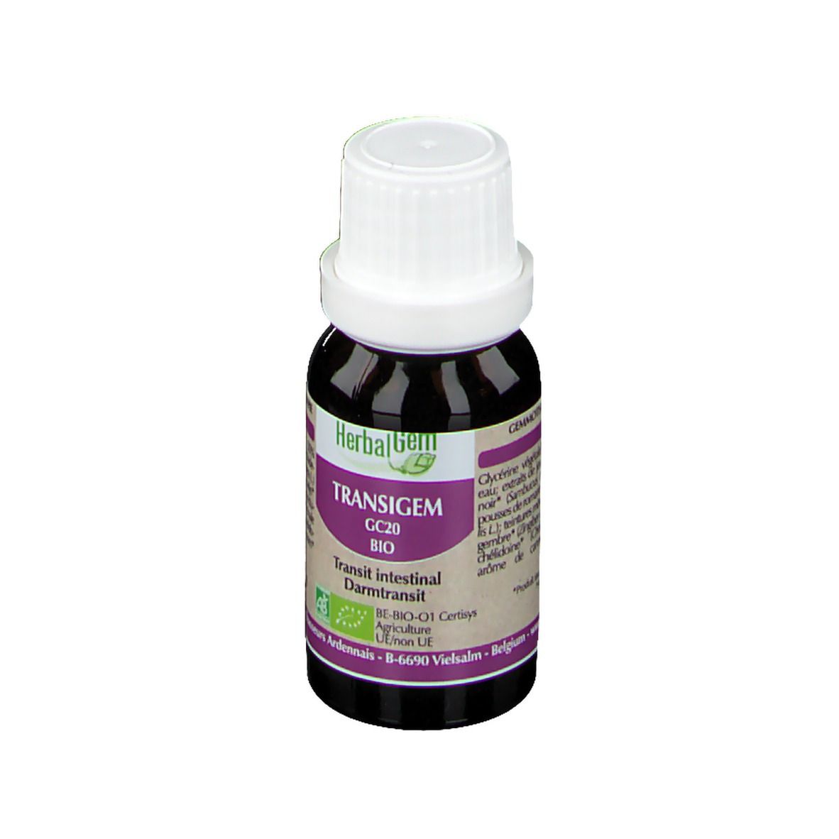 Flacon en verre brun avec bouchon blanc. Étiquette avec nom du produit, marque et label bio. Texte: Transit intestinal.