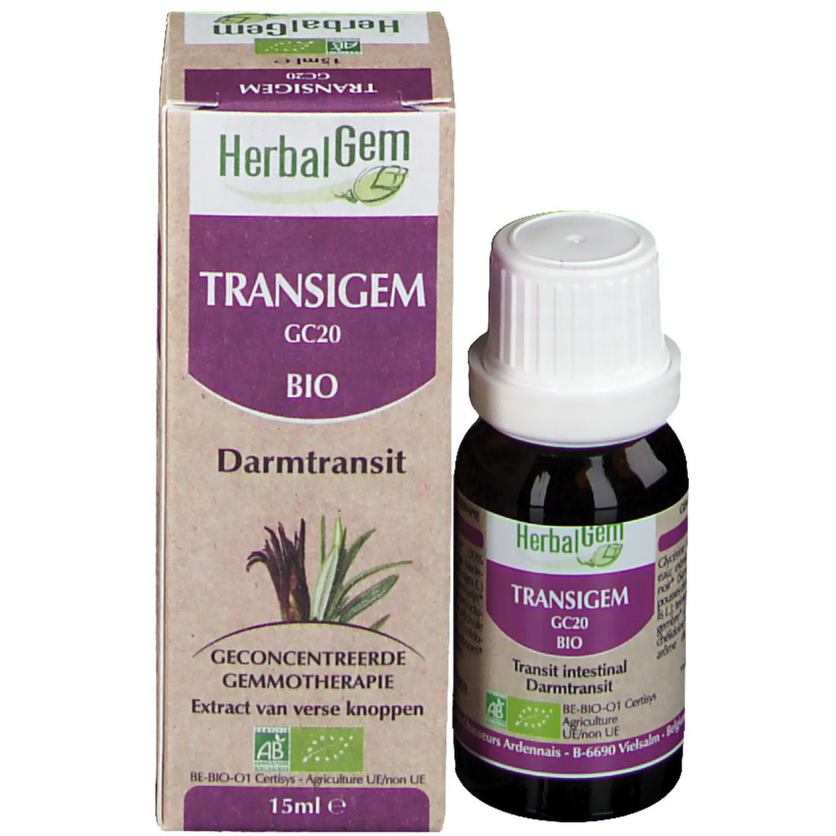 Flacon et emballage du produit. Flacon brun avec bouchon blanc et carton. Texte: Transit intestinal, 15ml.