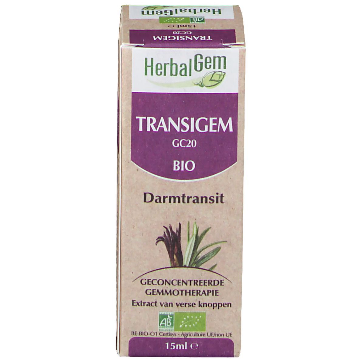 Emballage du produit. Carton avec nom du produit, marque et label bio. Texte: Transit intestinal, 15ml.