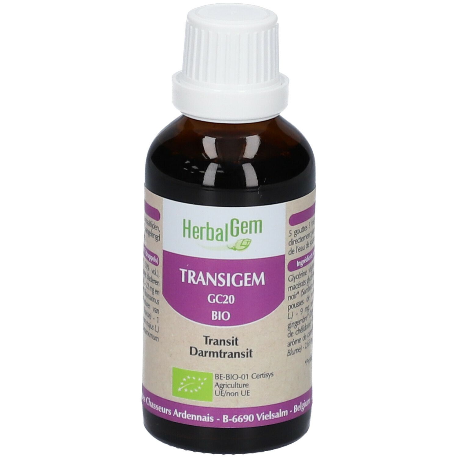 Flacon en verre brun avec bouchon blanc. Étiquette avec nom du produit, marque HerbalGem et label bio. Transit Darmtransit.
