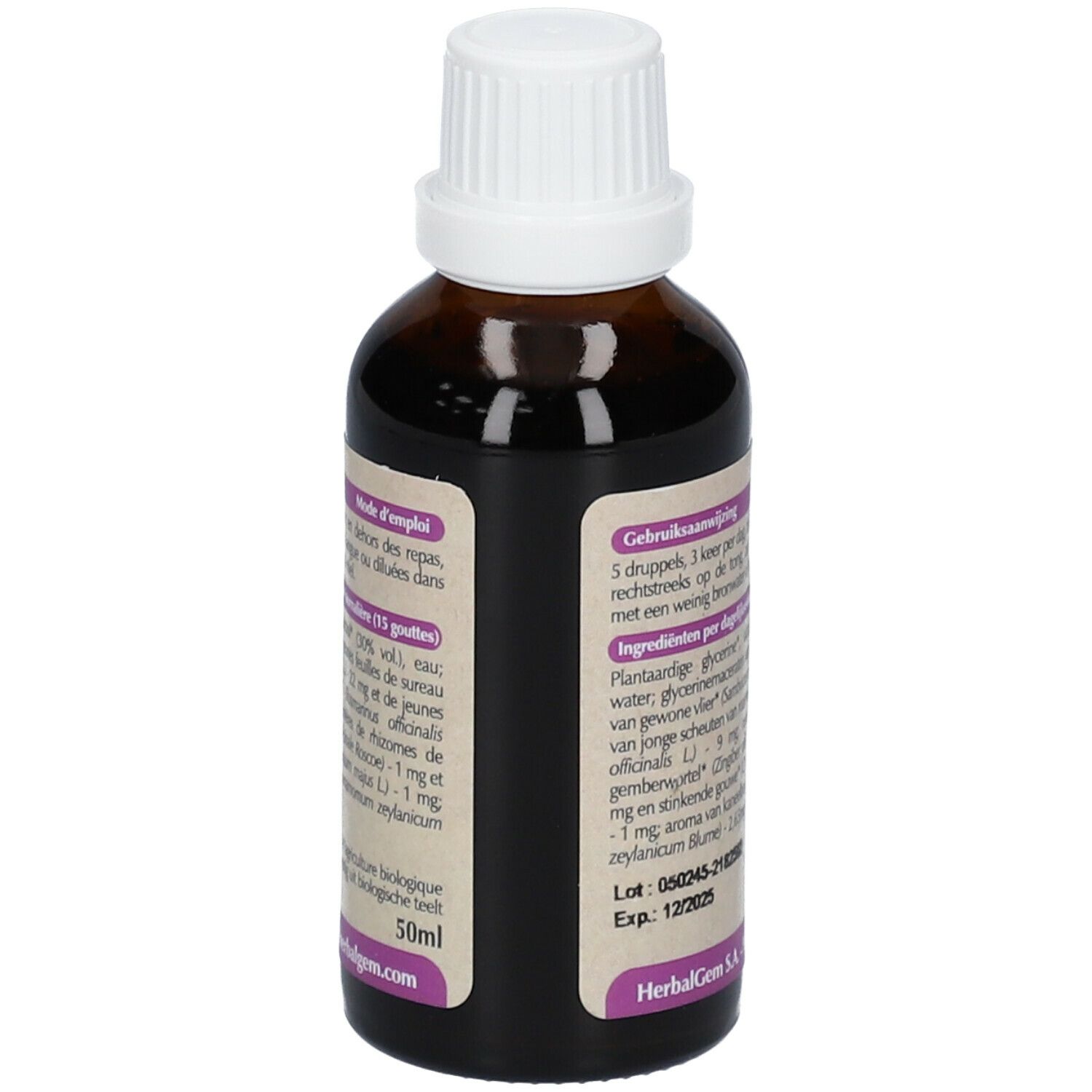Flacon en verre brun avec bouchon blanc. Dos avec texte et ingrédients. Marque HerbalGem. 50ml.