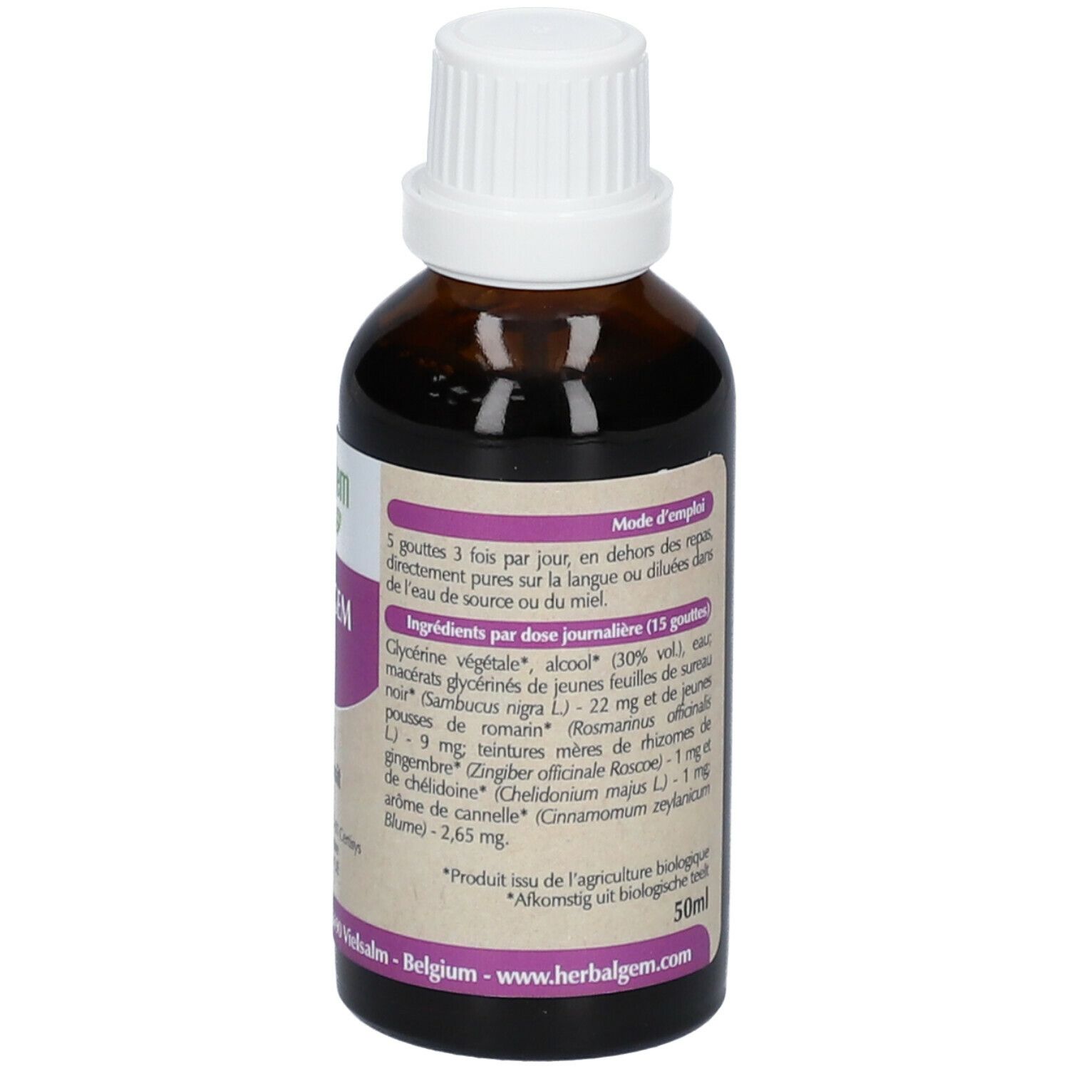 Flacon en verre brun avec bouchon blanc. Étiquette avec ingrédients et instructions d'utilisation. Marque HerbalGem. 50ml.