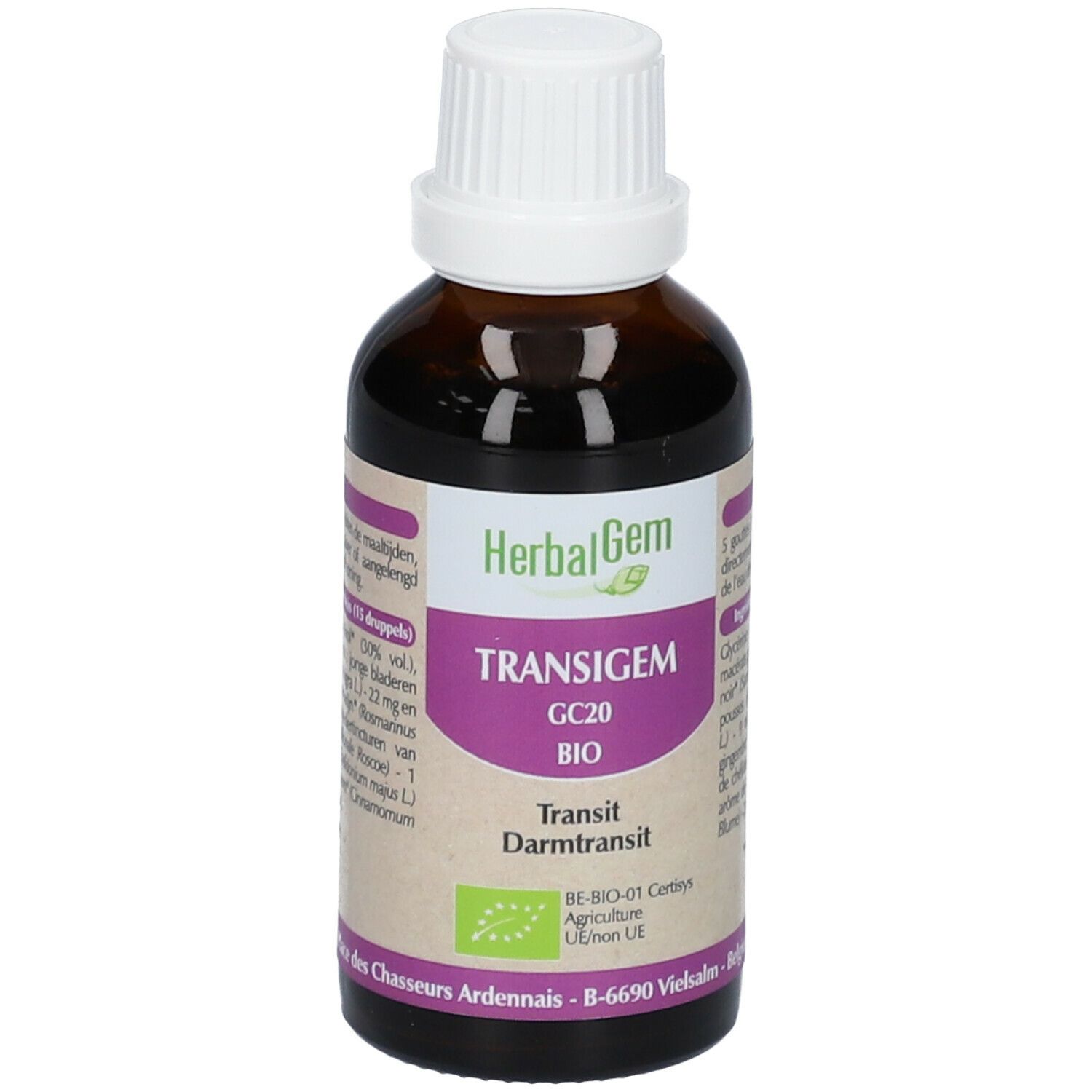 Flacon en verre brun avec bouchon blanc. Étiquette avec nom du produit, marque HerbalGem et label bio. Transit Darmtransit.