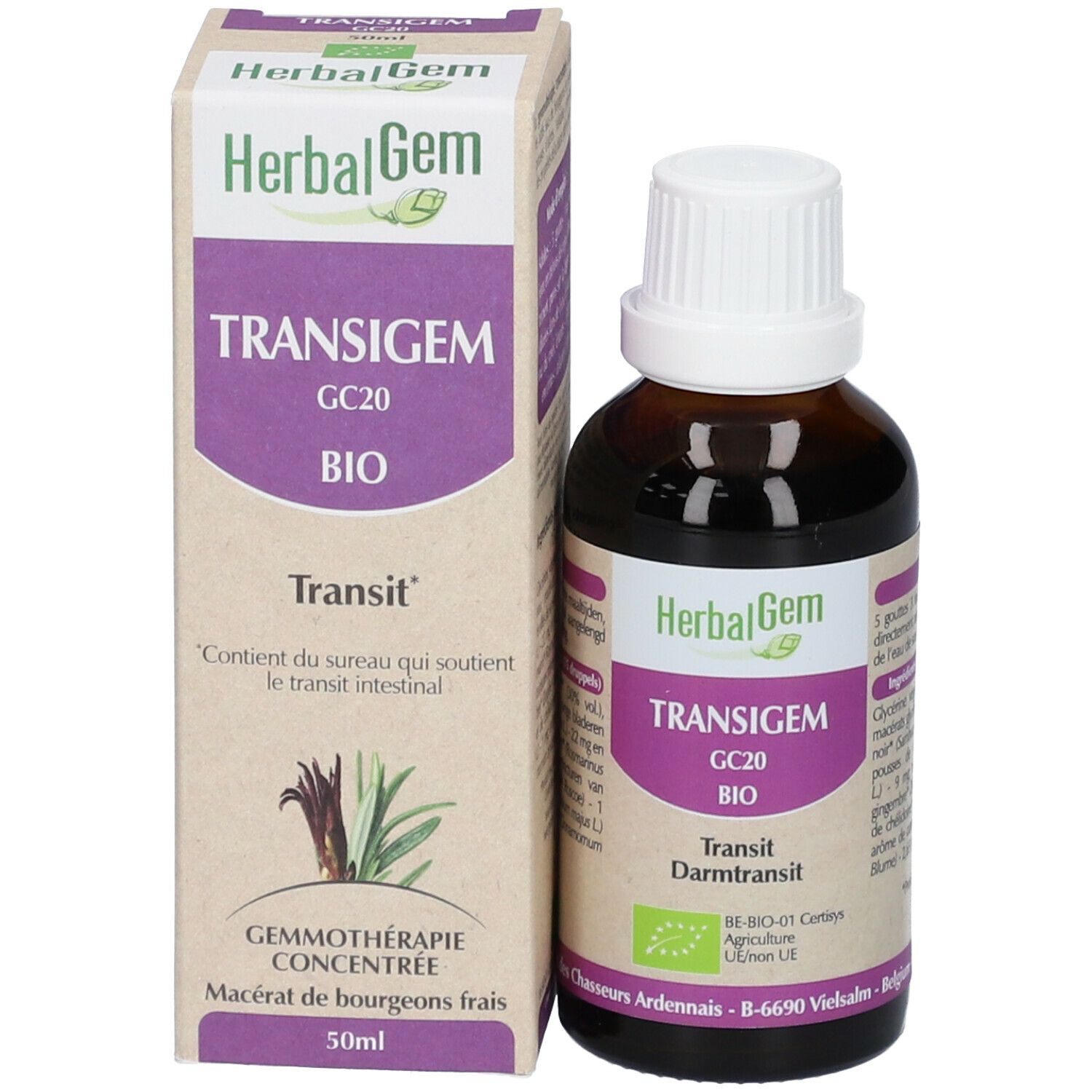 Flacon et emballage du produit. Emballage avec nom du produit, marque HerbalGem et label bio. 50ml.