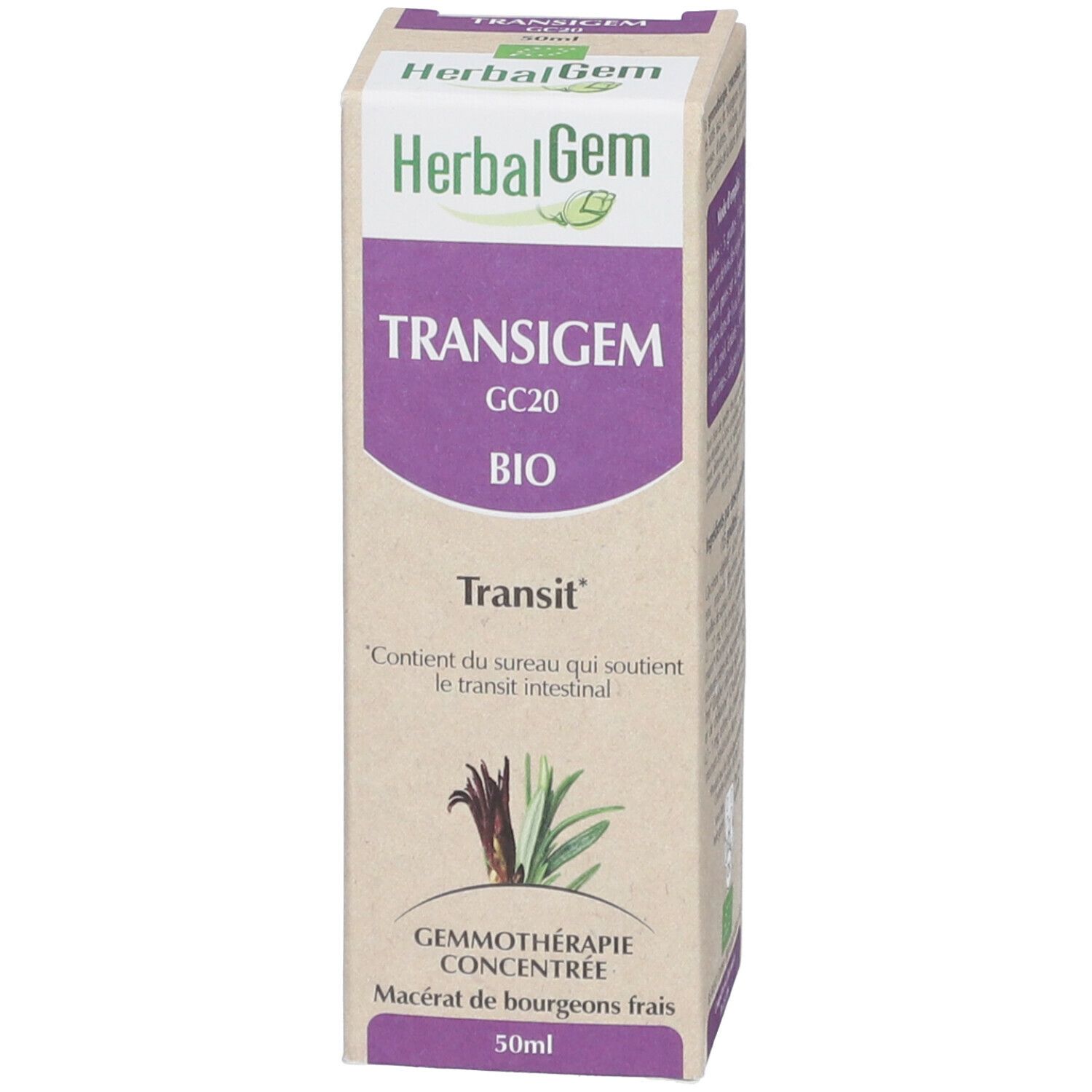 Emballage du produit. Emballage avec nom du produit, marque HerbalGem et label bio. 50ml.
