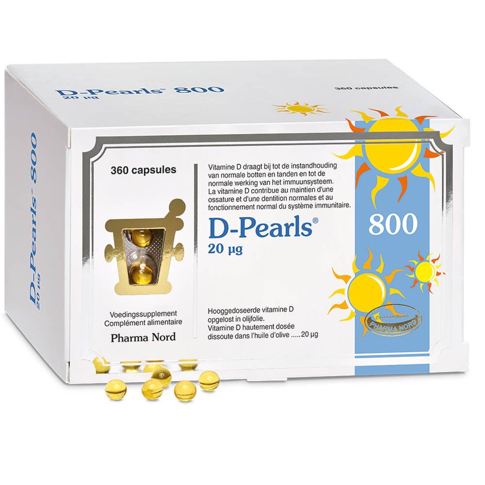 Boîte blanche D-Pearls 800. Inscription : 360 capsules. Informations produit. Logo Pharma Nord.