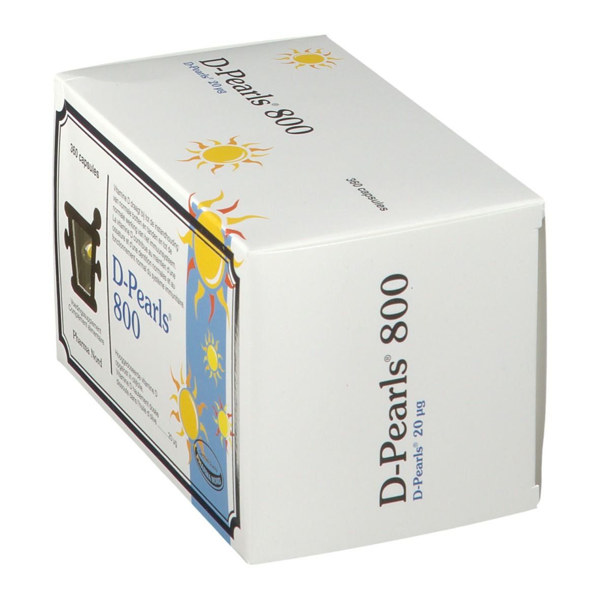 Boîte D-Pearls 800 blanche. Inscription : 360 capsules. Illustrations de soleil. Logo Pharma Nord.