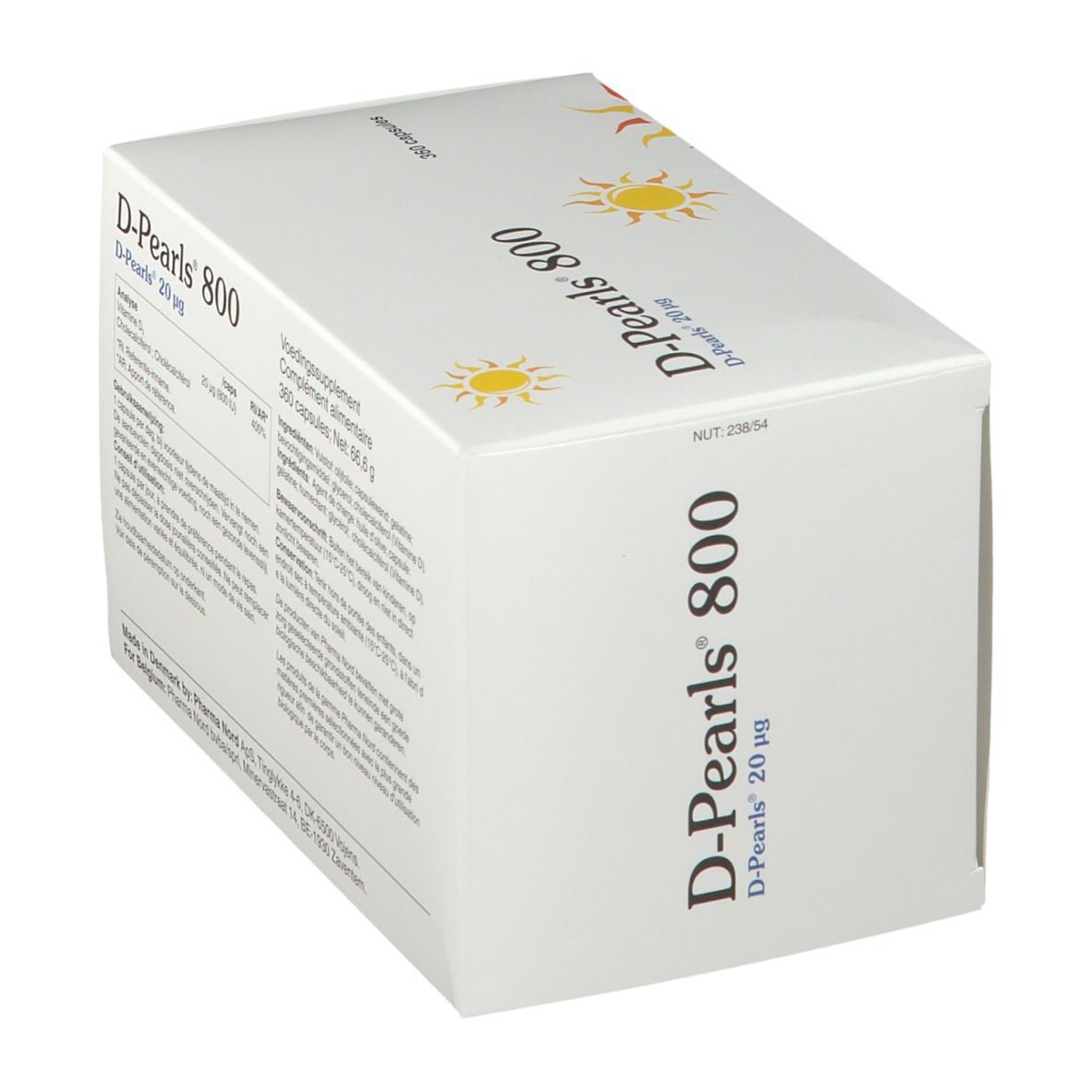 Boîte D-Pearls 800 blanche. Inscription : 360 capsules. Informations produit. Illustrations de soleil.