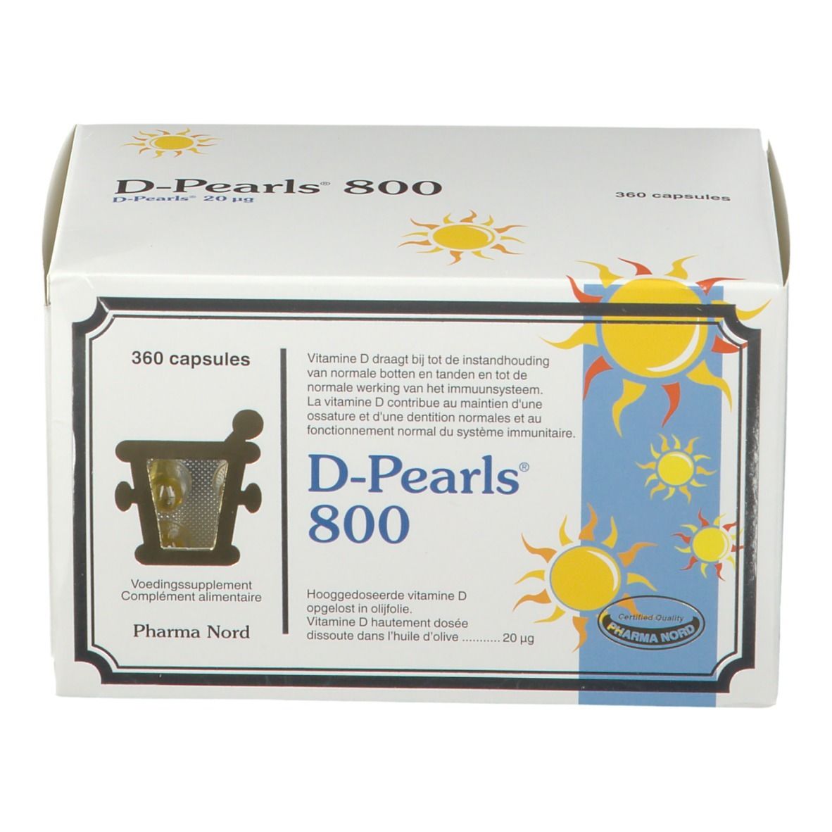 Boîte blanche D-Pearls 800. Inscription : 360 capsules. Informations produit. Logo Pharma Nord.