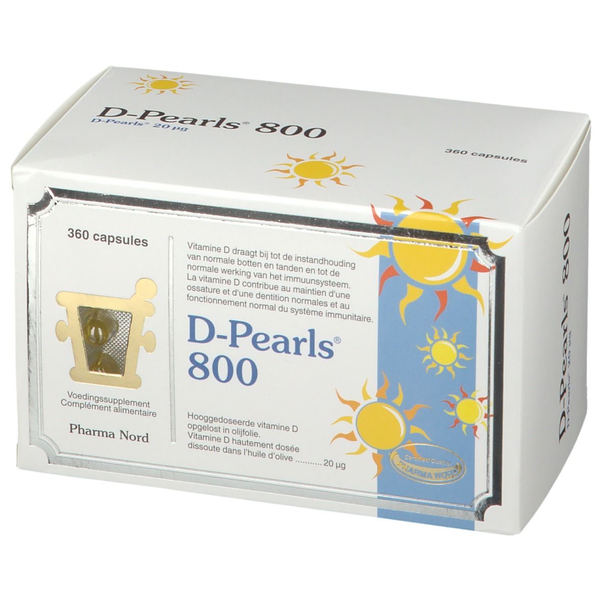 Boîte blanche D-Pearls 800. Inscription : 360 capsules. Informations produit. Logo Pharma Nord.