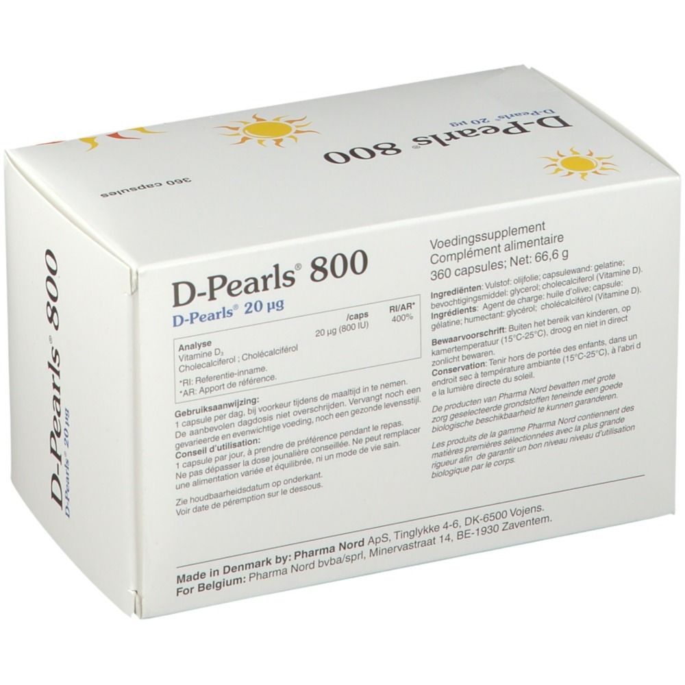 Boîte blanche D-Pearls 800. Inscription : 360 capsules. Informations produit. Logo Pharma Nord.