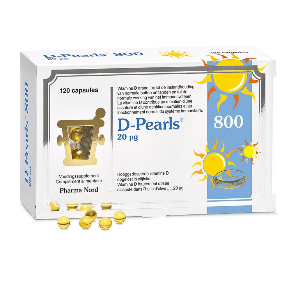 Boîte D-Pearls 800. 120 capsules. Vitamine D. Pharma Nord. Quelques capsules à côté.