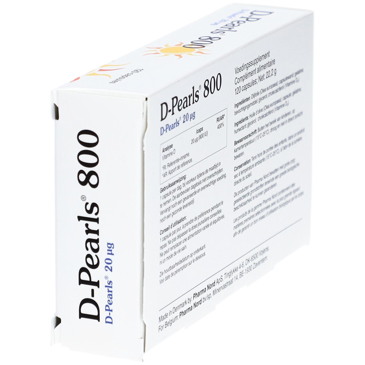 Boîte de D-Pearls 800. Contient 120 capsules. Inscription: Vitamine D. Pharma Nord.