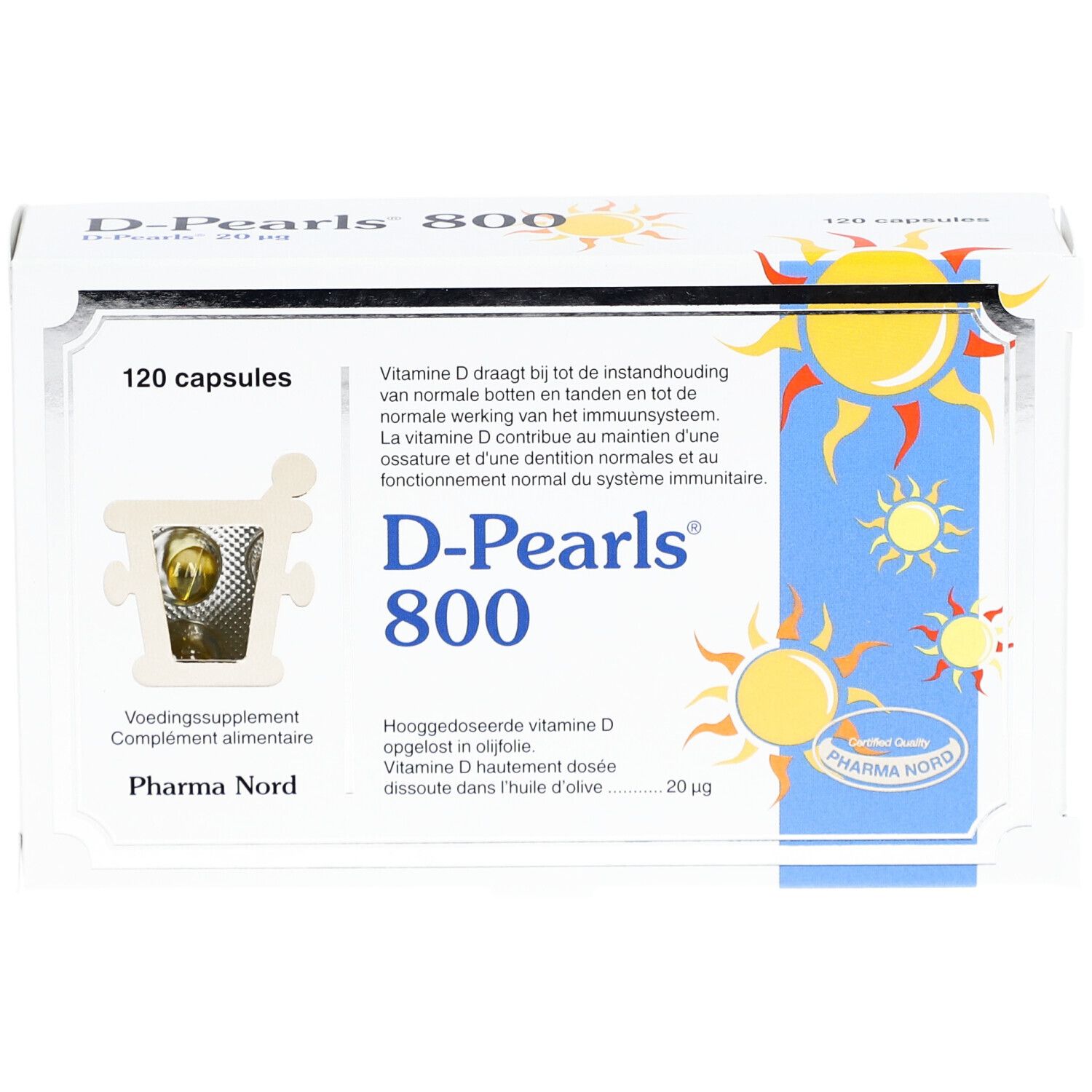 Boîte de D-Pearls 800. Contient 120 capsules. Inscription: Vitamine D. Pharma Nord.