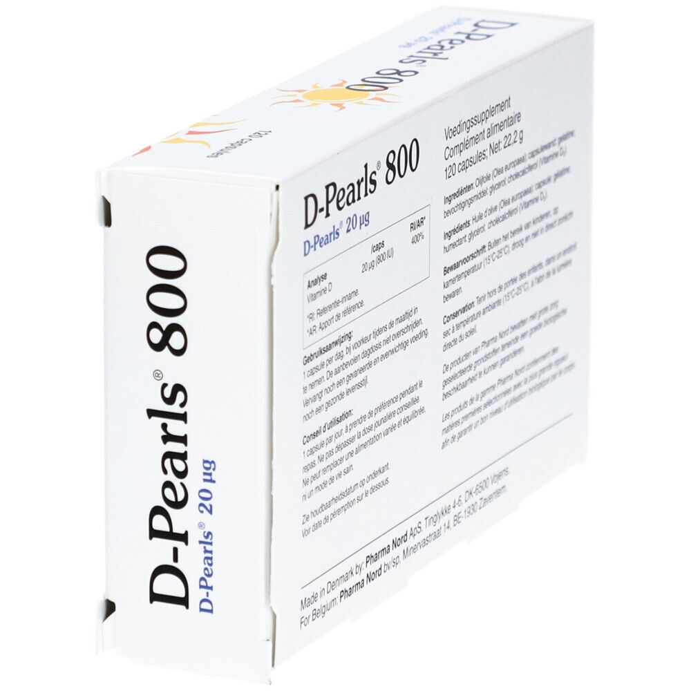 Boîte D-Pearls 800. 120 capsules. Vitamine D. Pharma Nord.