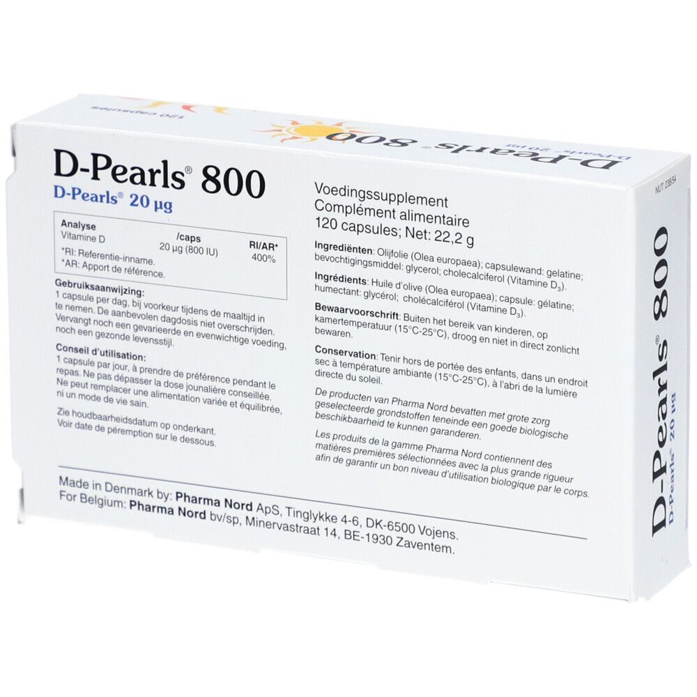 Boîte D-Pearls 800. 120 capsules. Vitamine D. Pharma Nord.