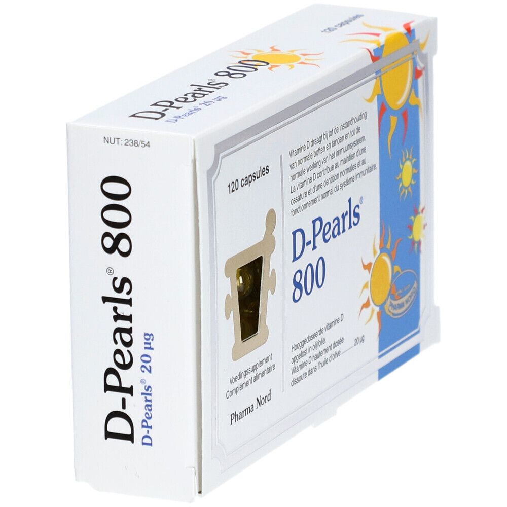 Boîte D-Pearls 800. 120 capsules. Vitamine D. Pharma Nord.