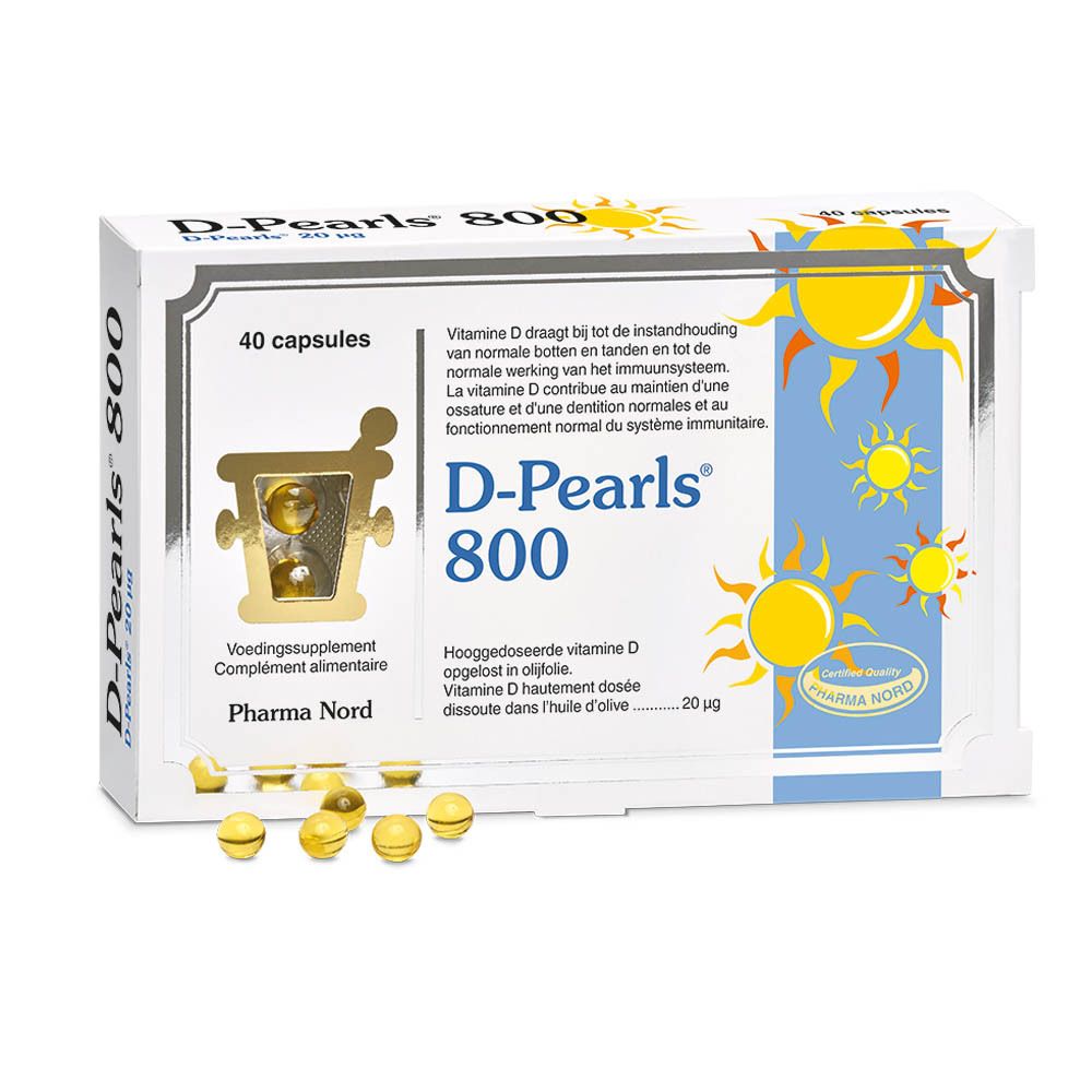 Boîte Pharma Nord D-Pearls 800 avec gélules. 40 gélules. Inscription : Vitamine D. Gélules jaunes.