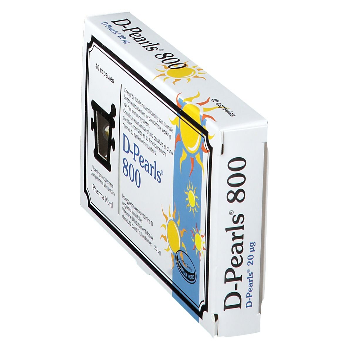 Boîte Pharma Nord D-Pearls 800. Contient 40 gélules. Inscription : Vitamine D. Emballage en vue oblique.