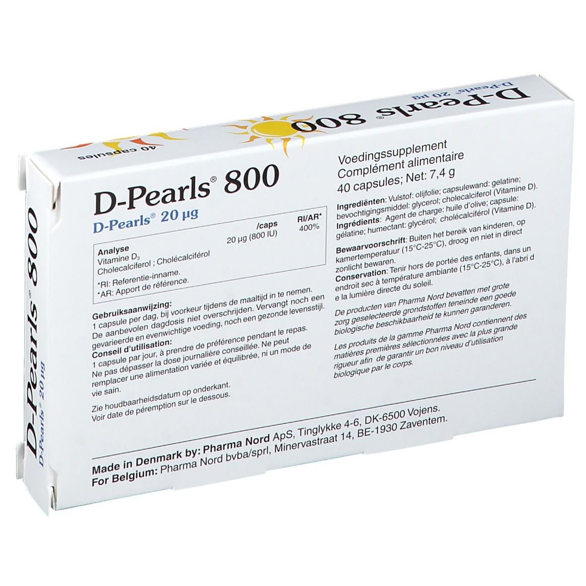Dos de la boîte Pharma Nord D-Pearls 800. Contient des informations sur les ingrédients et le dosage.