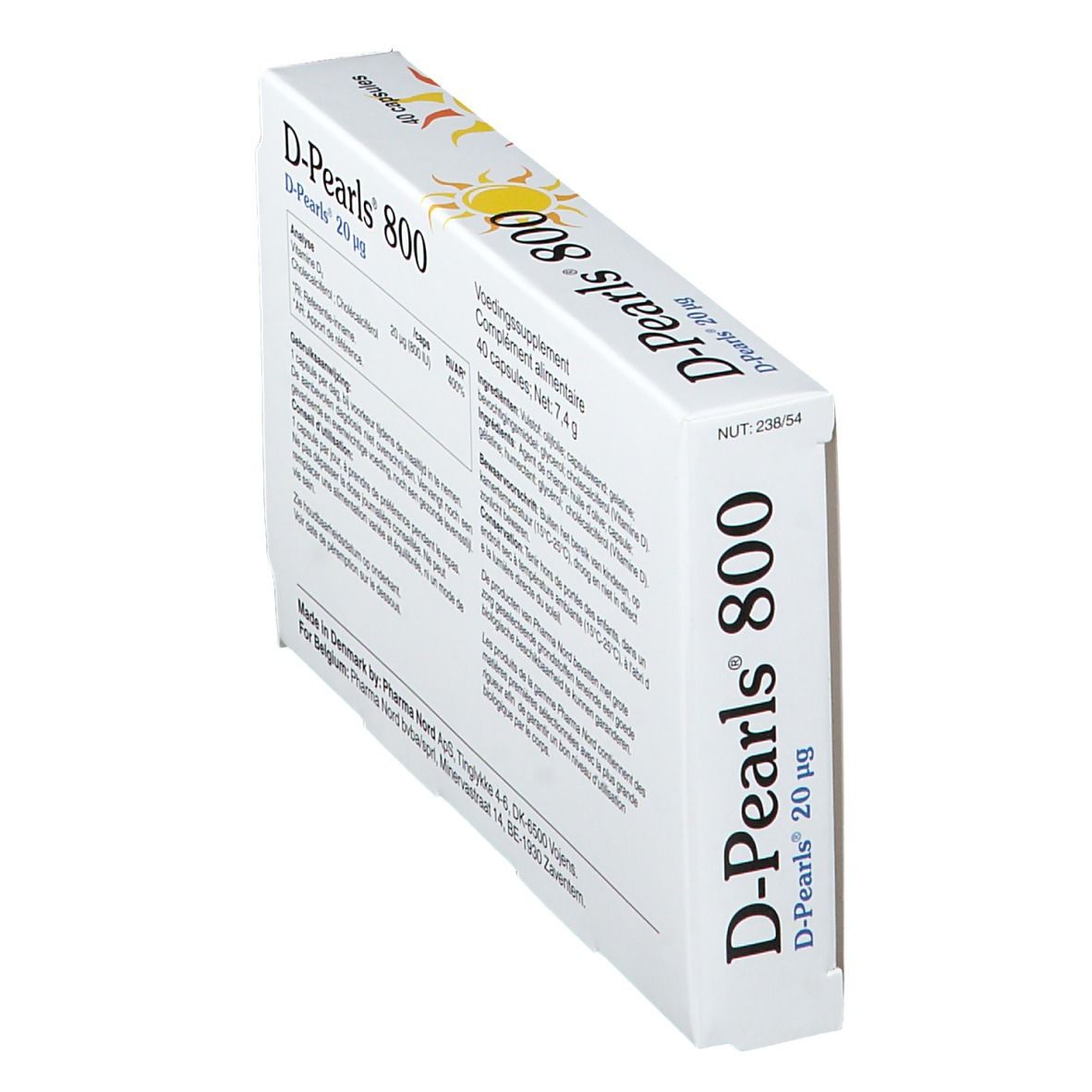 Boîte Pharma Nord D-Pearls 800. Contient 40 gélules. Inscription : Vitamine D. Emballage en vue oblique.