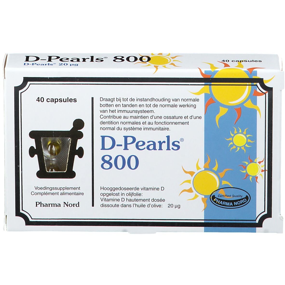 Boîte de Pharma Nord D-Pearls 800. Contient 40 gélules. Inscription : Vitamine D. Produit de qualité certifié.