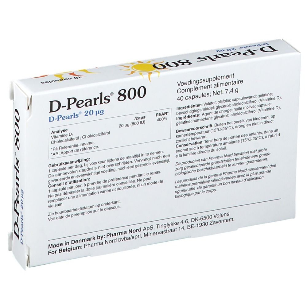 Dos de la boîte Pharma Nord D-Pearls 800. Contient des informations sur les ingrédients et le dosage.