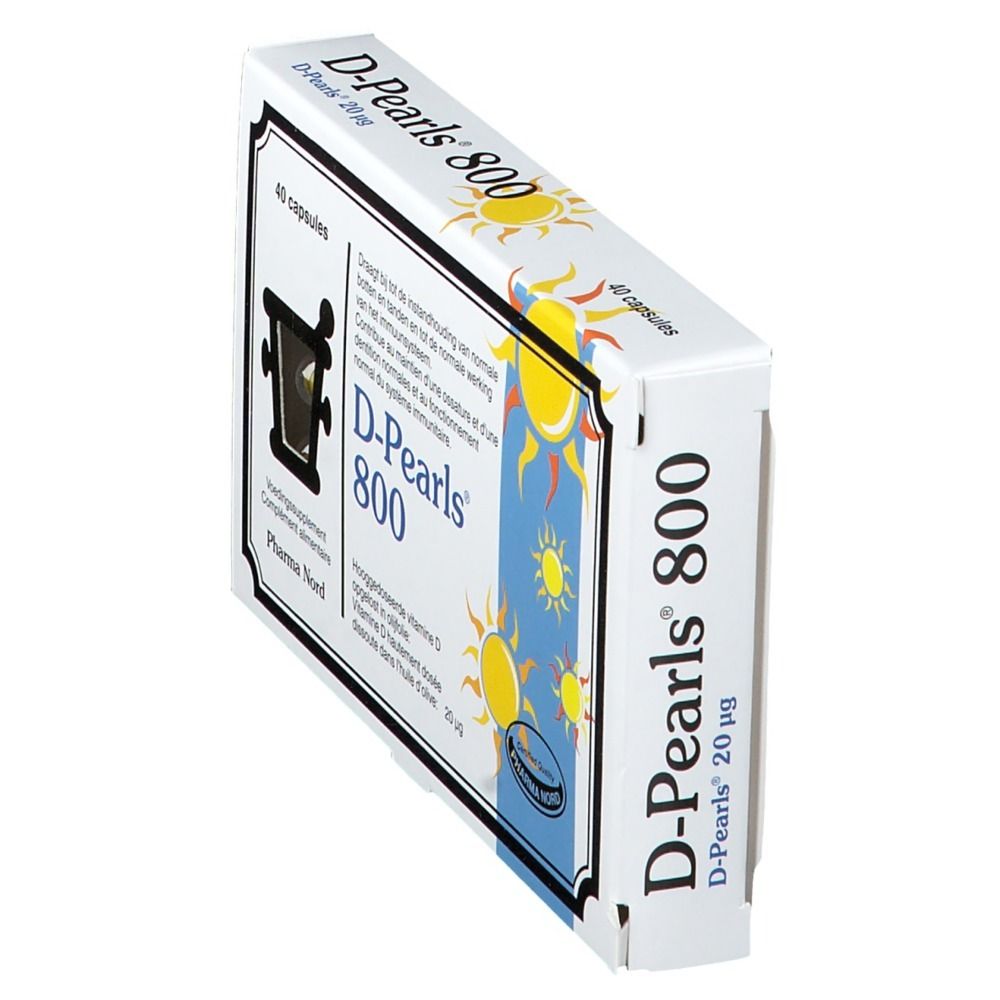 Boîte Pharma Nord D-Pearls 800. Contient 40 gélules. Inscription : Vitamine D. Emballage en vue oblique.