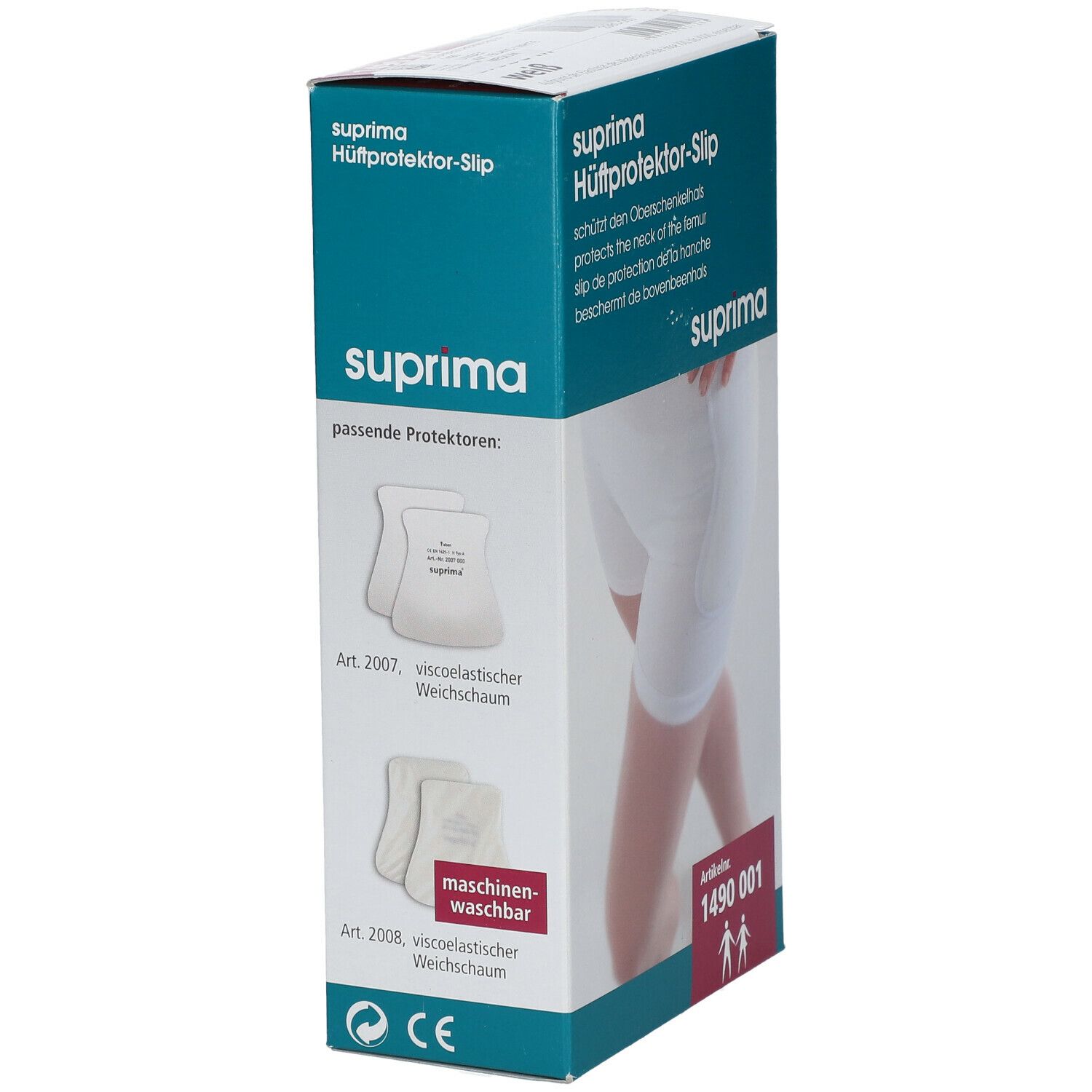Emballage du slip protecteur de hanche Suprima. Montre les protecteurs et la lavabilité. Numéro d'article 1490 001. Marquage CE.