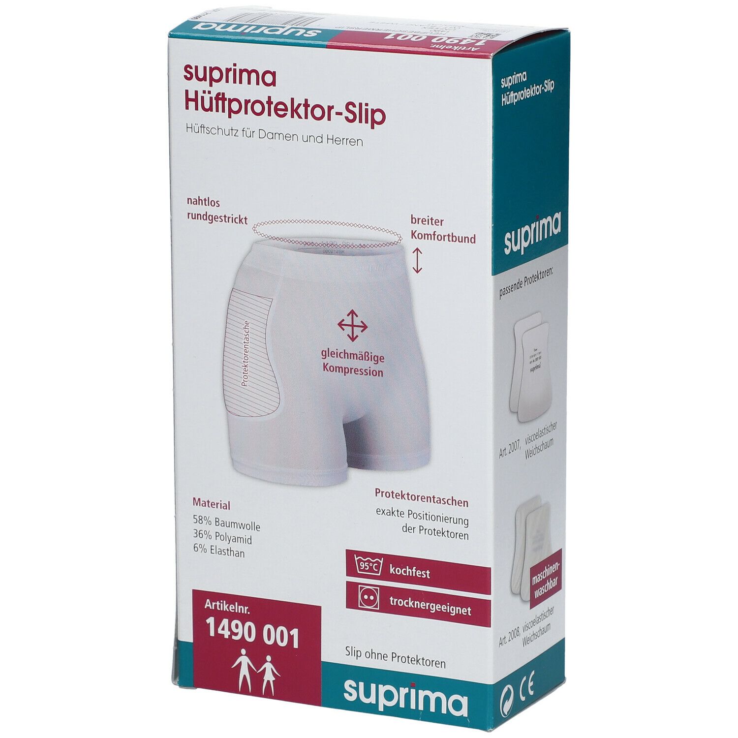 Emballage du slip protecteur de hanche Suprima. Affiche les informations sur les matériaux et les caractéristiques. Numéro d'article 1490 001.