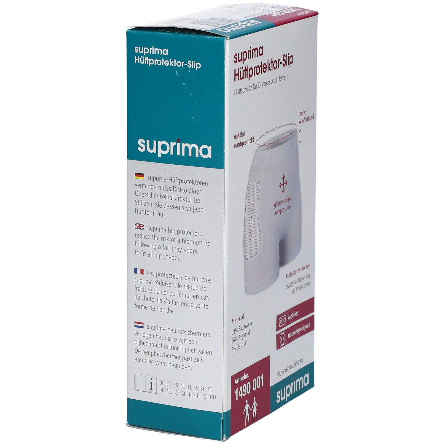 Emballage du slip protecteur de hanche Suprima. Texte en allemand, anglais, français et néerlandais. Numéro d'article 1490 001.