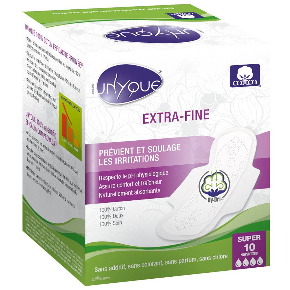 Boîte de serviettes Unyque Super Extra-Fine. 10 serviettes. Logo coton. Inscription: Prévenir et soulager les irritations.