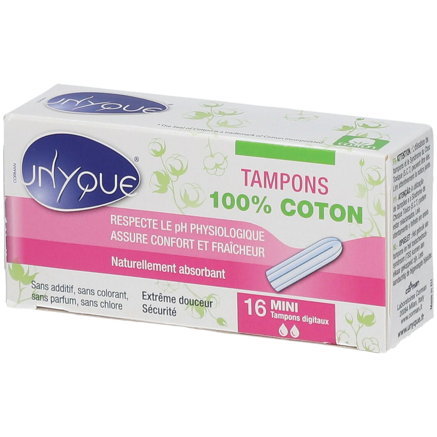 Boîte de tampons. Emballage blanc et rose avec texte multilingue. 16 Mini tampons digitaux. Illustration d'un tampon.