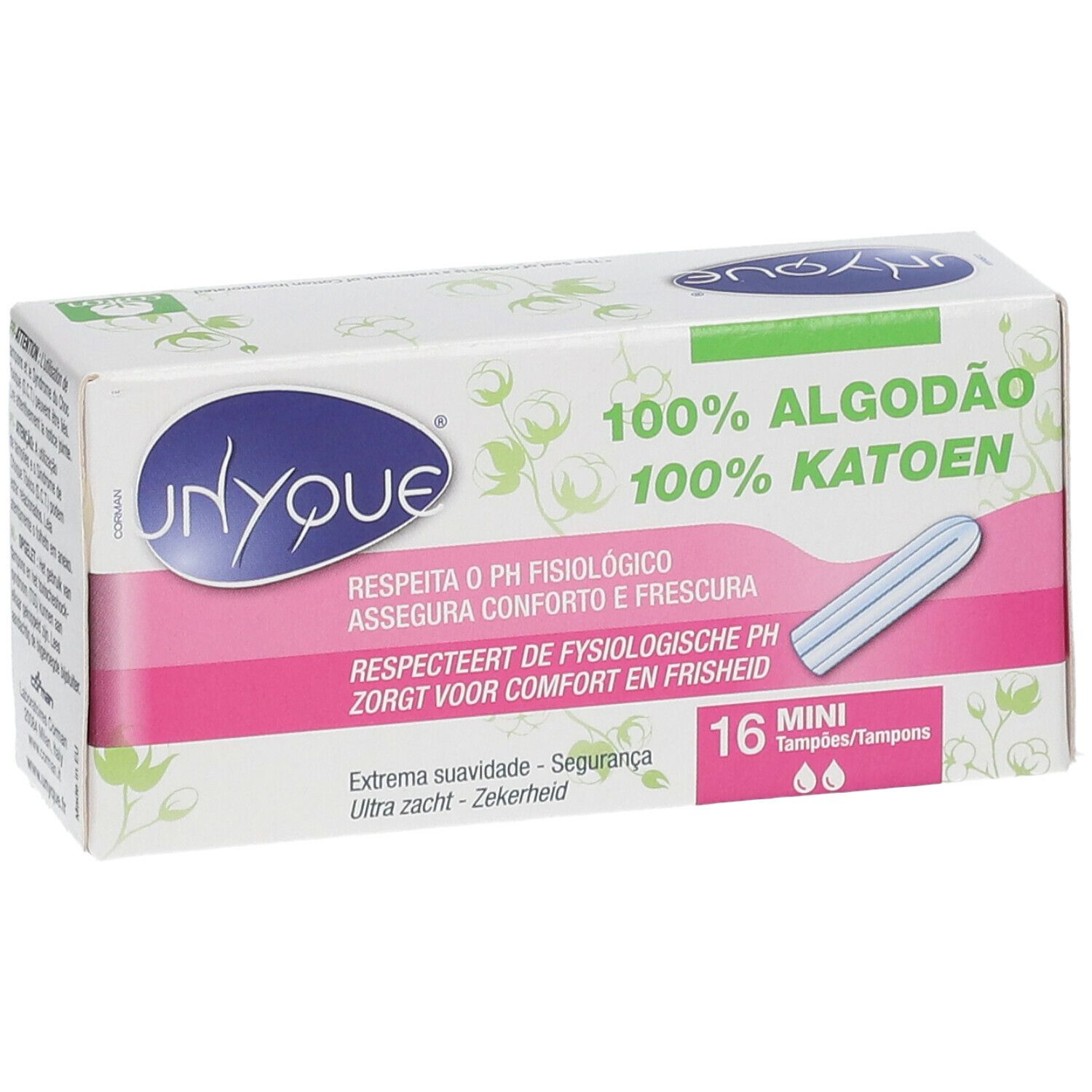 Boîte de tampons. Emballage blanc et rose avec texte multilingue. 16 Mini tampons. 100% coton. Illustration d'un tampon.