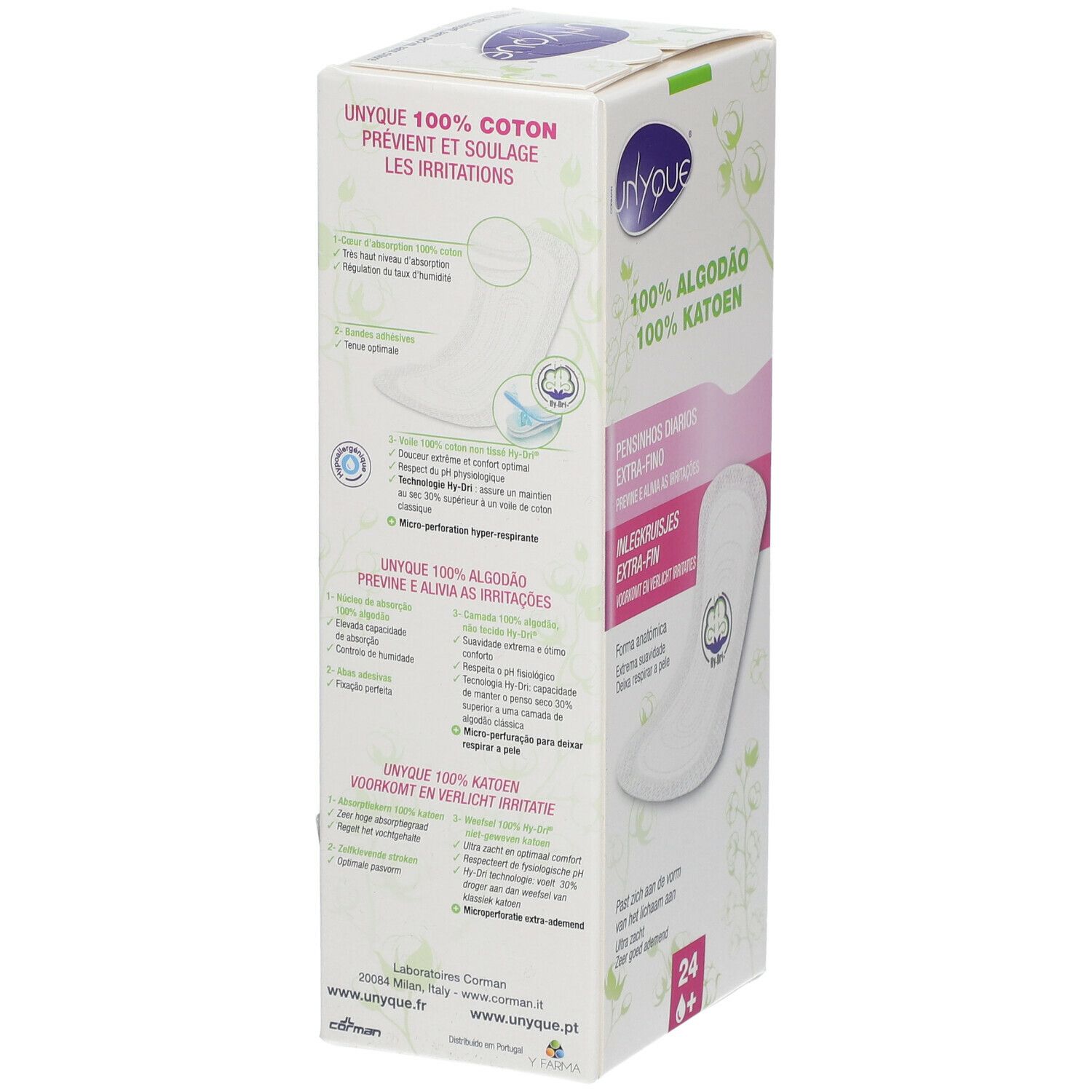 Boîte de protège-slips Unyque, extra-fins, 100% coton. Forme anatomique. 24 unités.