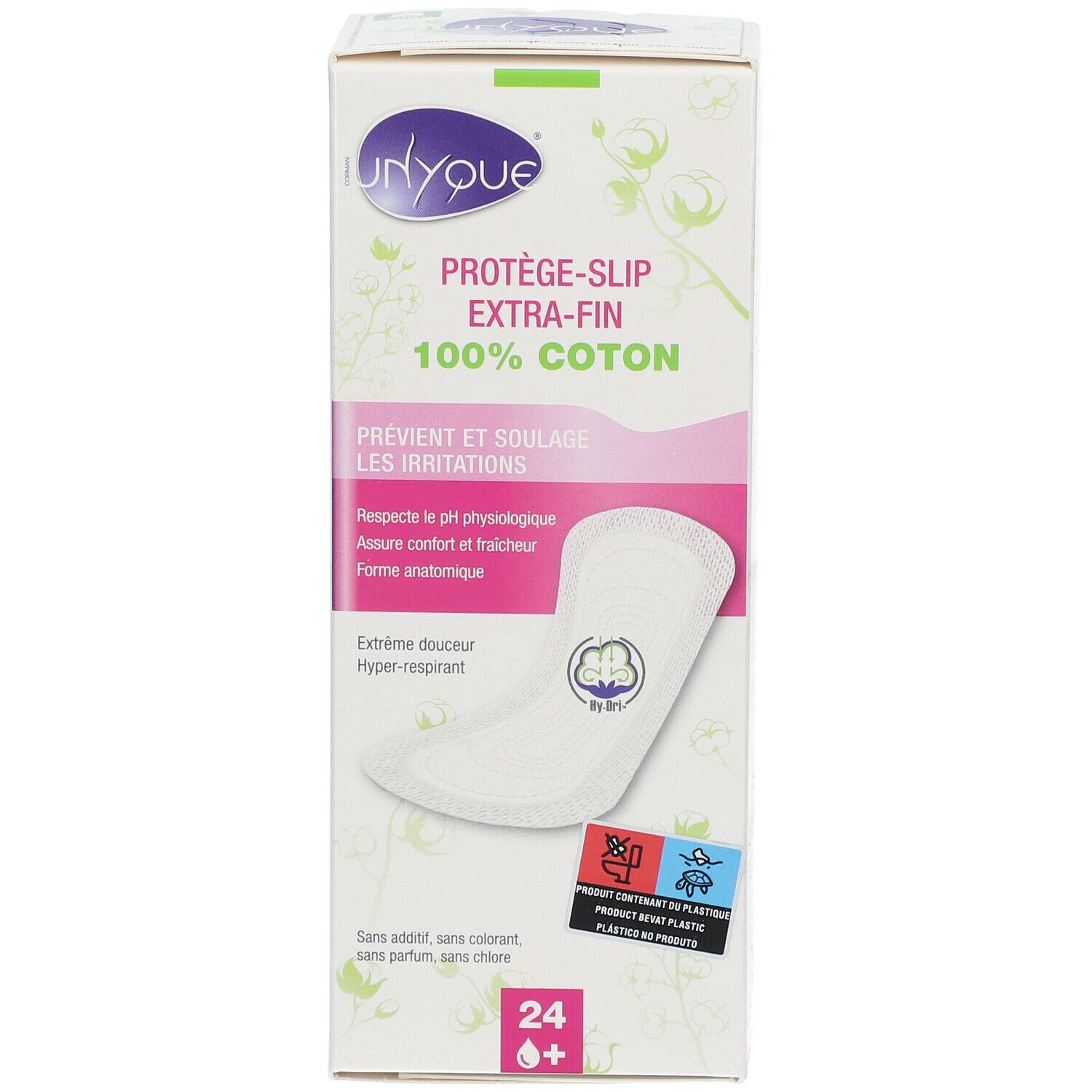 Boîte de protège-slips Unyque, extra-fins, 100% coton. Forme anatomique. 24 unités.
