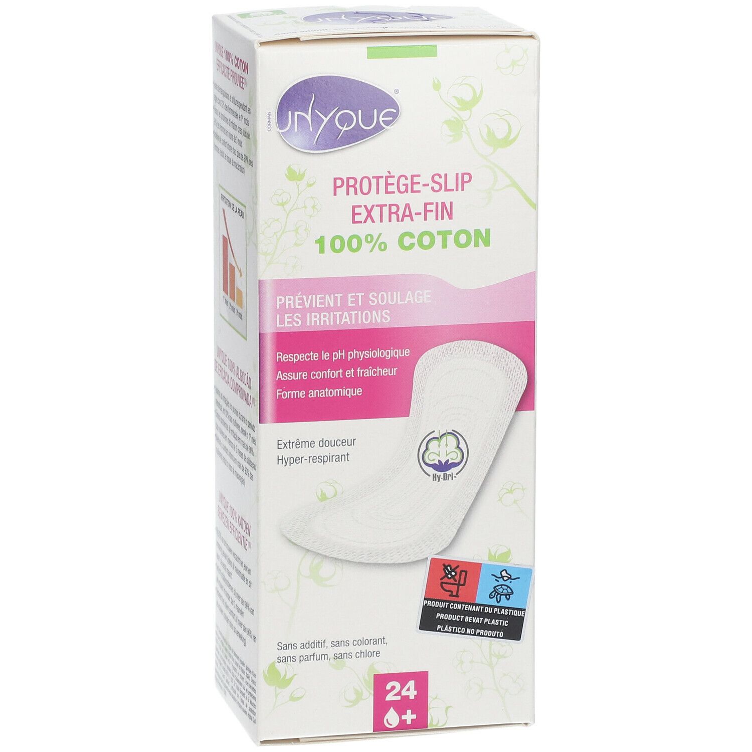 Boîte de protège-slips Unyque, extra-fins, 100% coton. Forme anatomique. 24 unités.