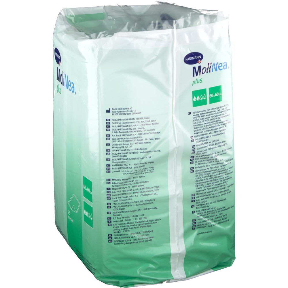 Verpakking MoliNea plus, 60x60 cm. Groen en wit. Productinformatie en Hartmann logo.
