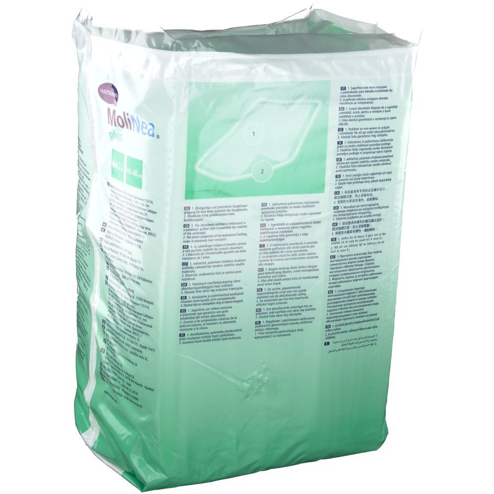 Verpakking MoliNea plus. Groen-witte verpakking met productafbeelding en tekst.