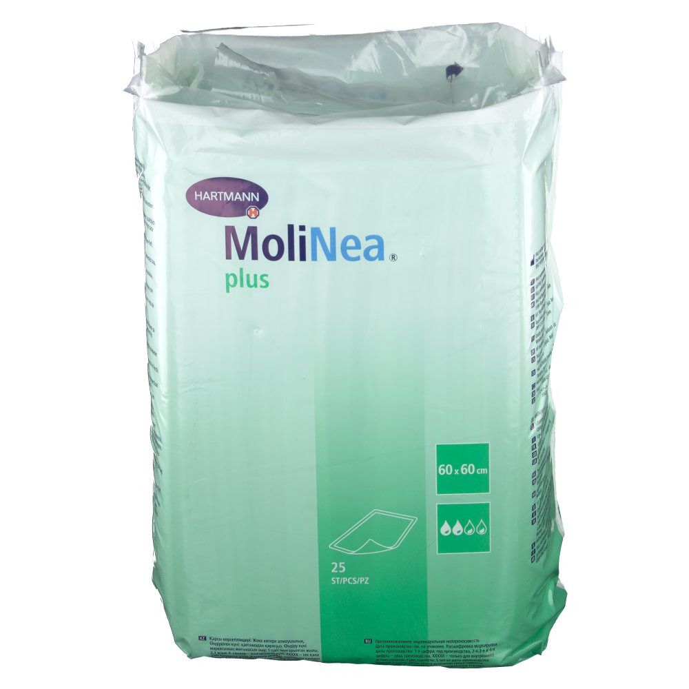 Verpakking MoliNea plus, 60x60 cm. Groen en wit. Hartmann logo en productdetails.