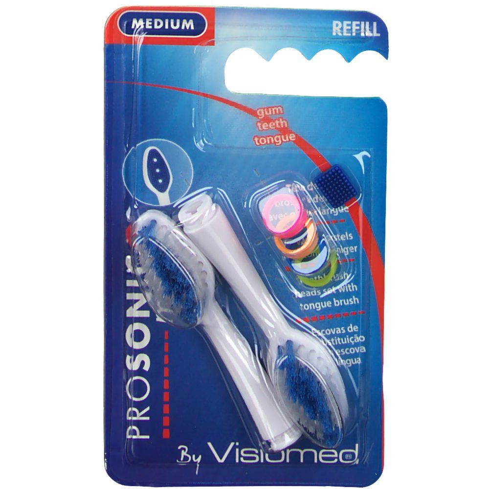 Deux têtes de brosse blanches Prosonic avec poils bleus dans un emballage blister. Inscriptions : Medium, Refill, By Visiomed.