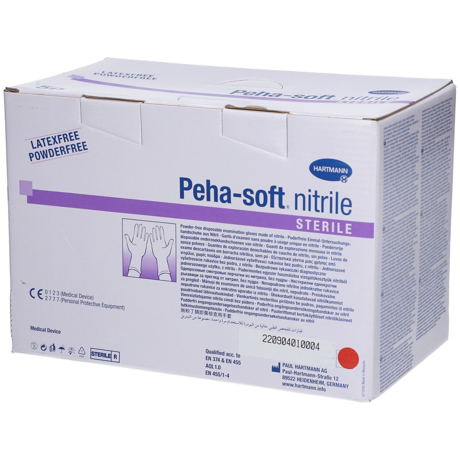 Doos Peha-soft nitrile steriele handschoenen, latex- en poedervrij. CE-markering en sterielsymbool.