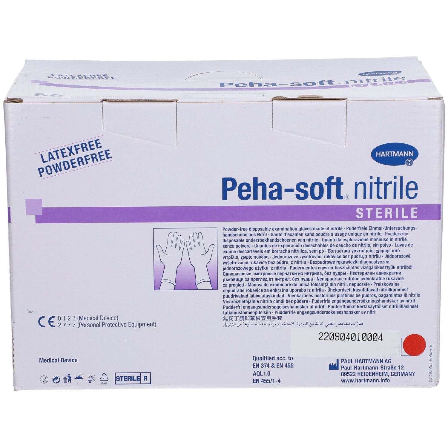 Doos Peha-soft nitrile steriele handschoenen, latex- en poedervrij. CE-markering en sterielsymbool.