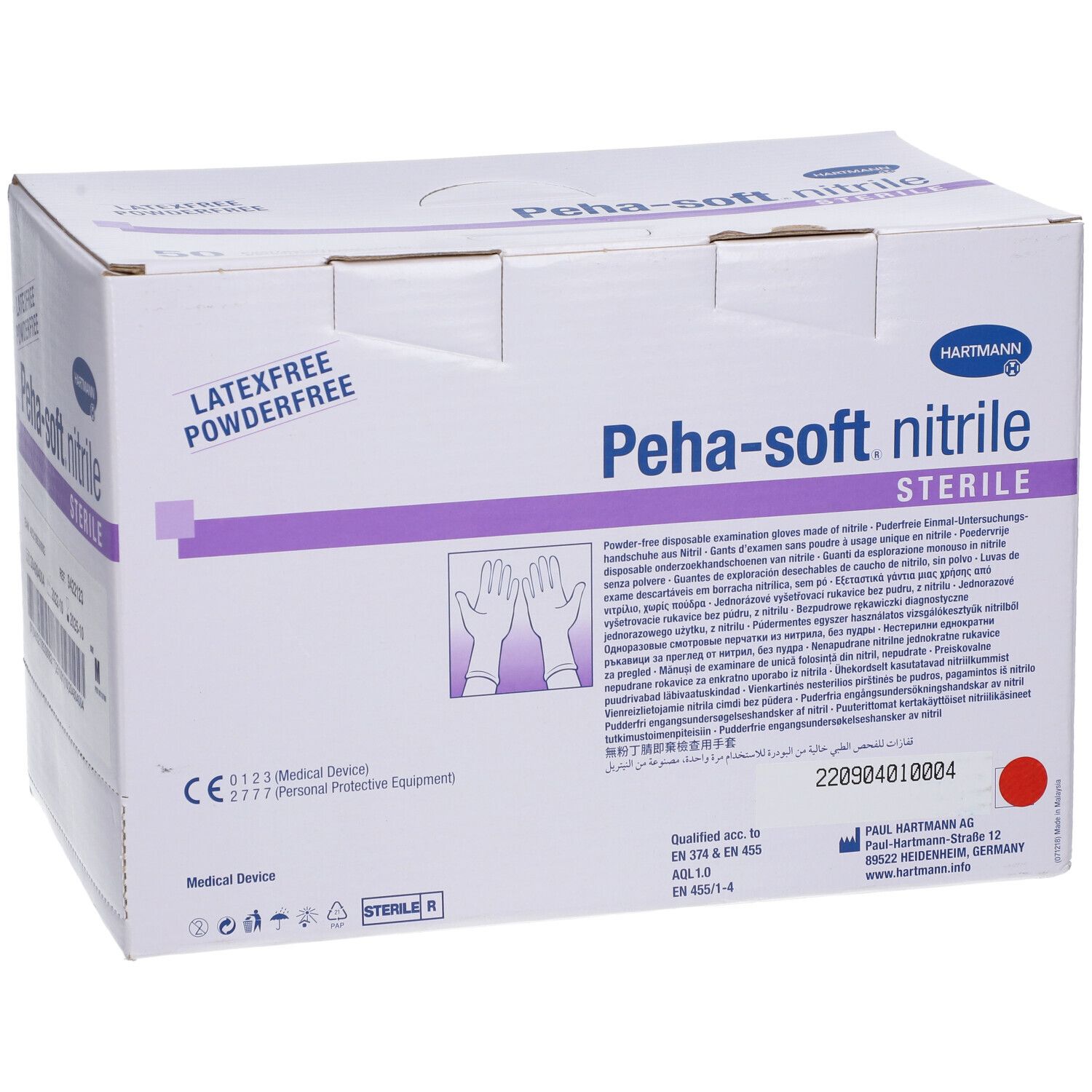 Doos Peha-soft nitrile steriele handschoenen, latex- en poedervrij. CE-markering en sterielsymbool.