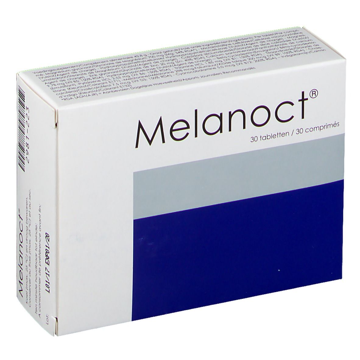 Scatola "Melanoct®" con 30 compresse. Bianco, grigio e blu. Testo in tedesco e francese.