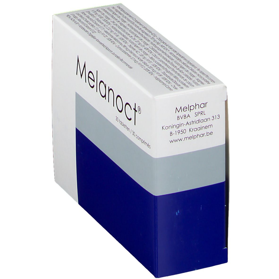 Scatola "Melanoct®" con 30 compresse. Bianco, grigio e blu. Indirizzo aziendale. Testo in tedesco e francese.